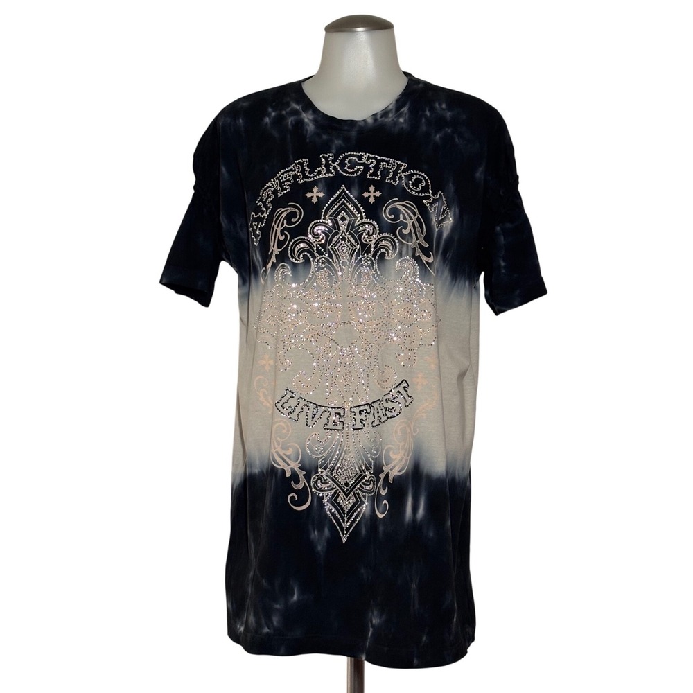 Affliction Graphic T-Shirt Women XL Black Tie Dye Rhinestone Braided Sleeve EUC - Picture 2 of 10